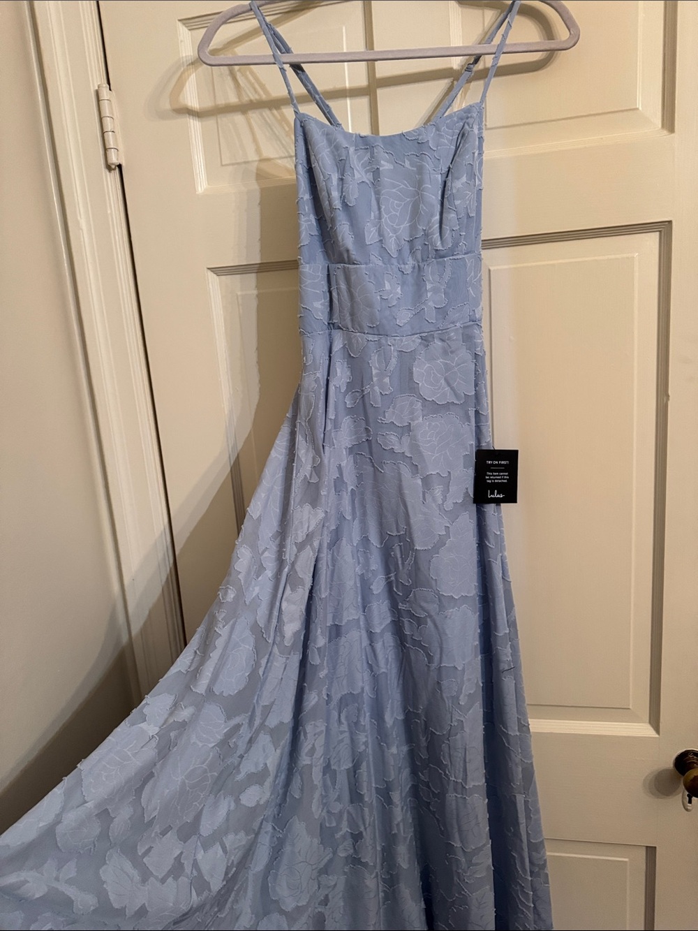 Lulu's Light Blue Lace Maxi Dress with Spaghetti Straps - Picture 4 of 11